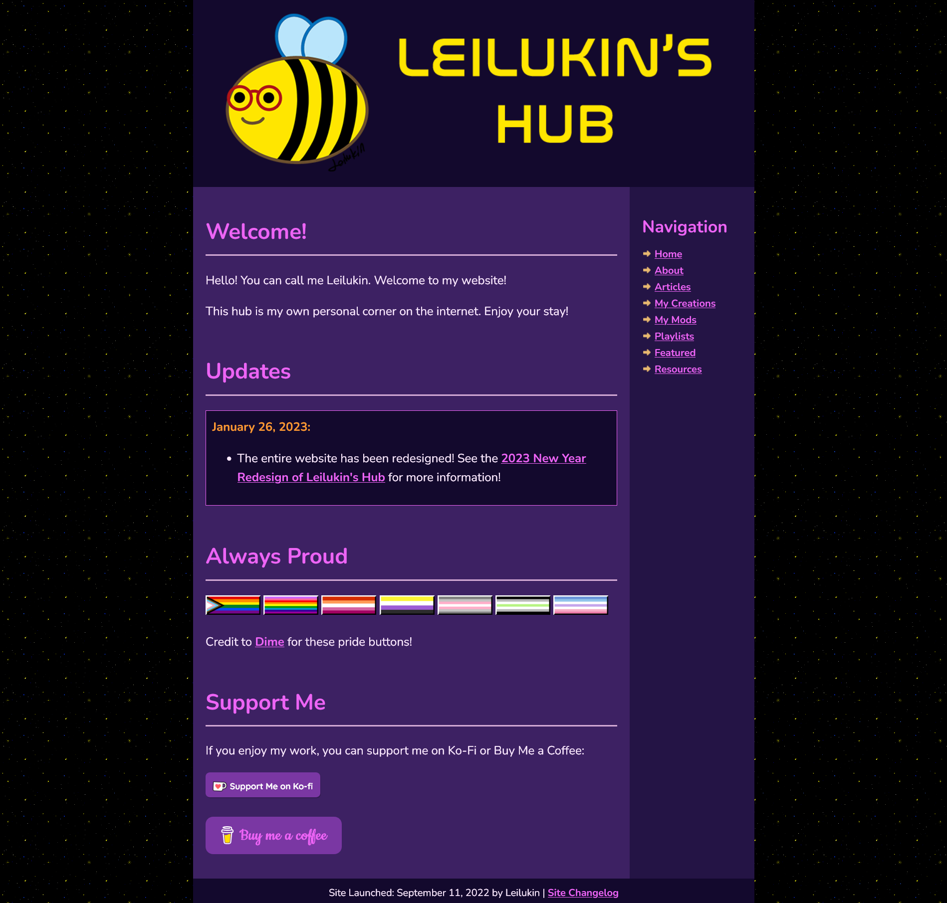 A screenshot of Leilukin's Hub home page, with its layout design released on January 26, 2023