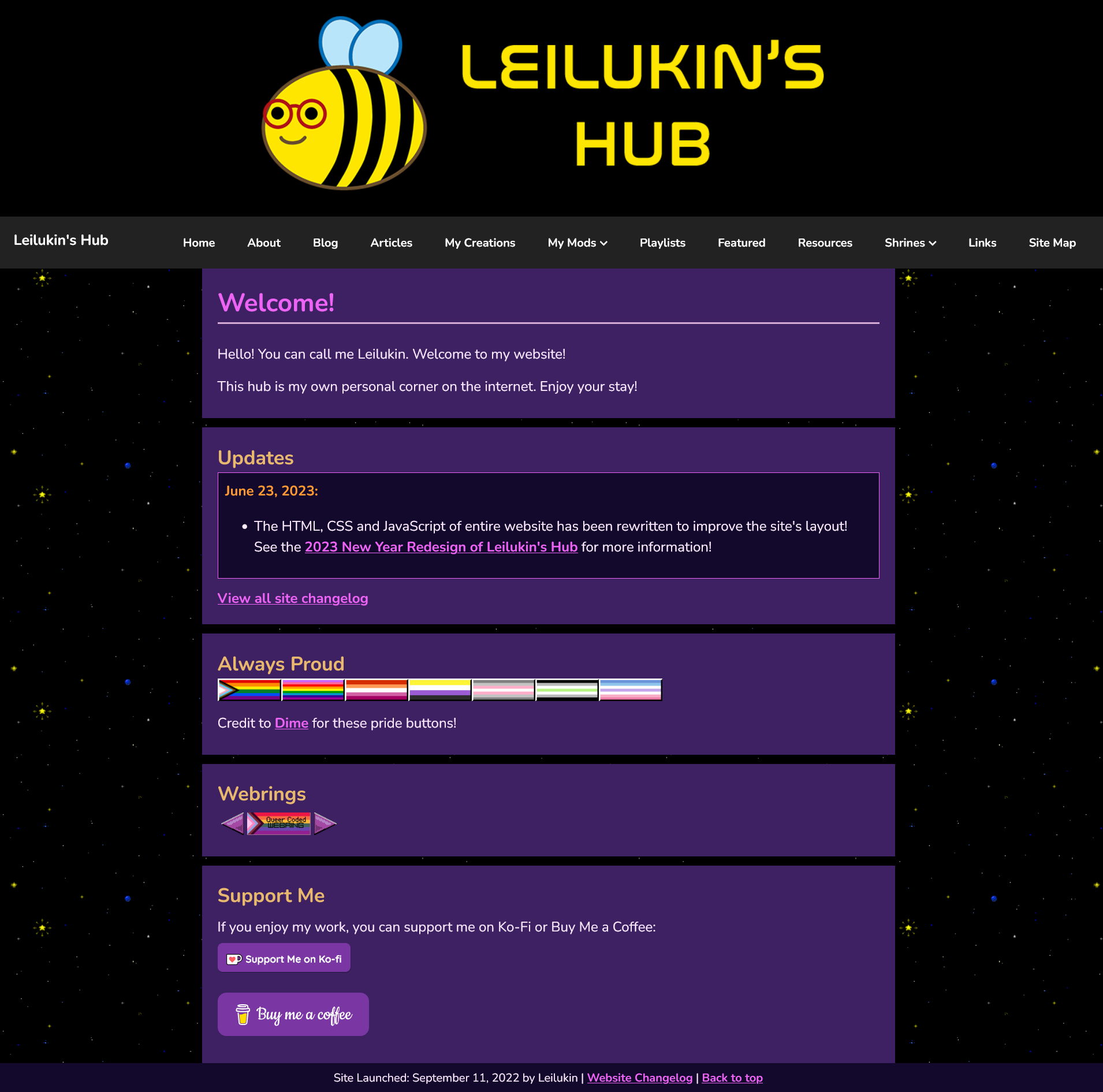Leilukin's Hub home page on 23 June 2023