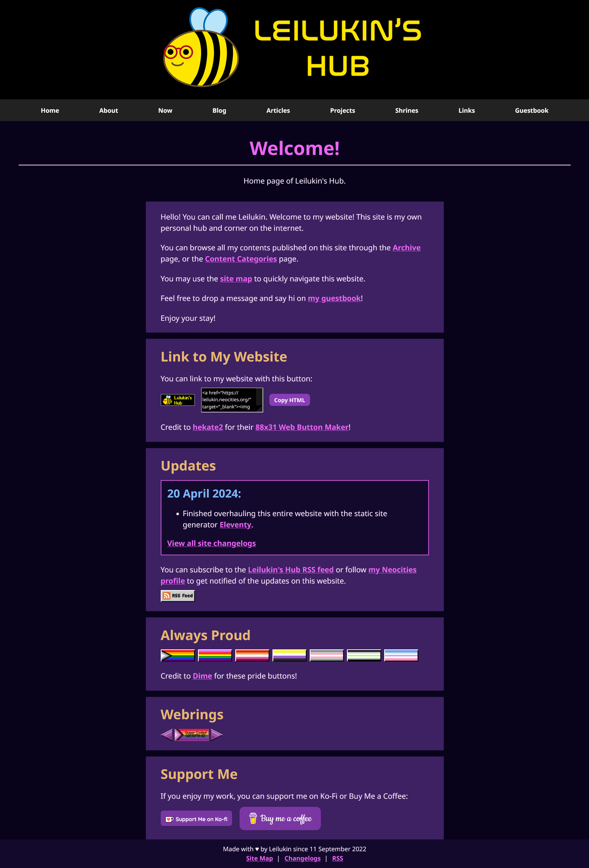 Leilukin's Hub home page on 11 September 2023