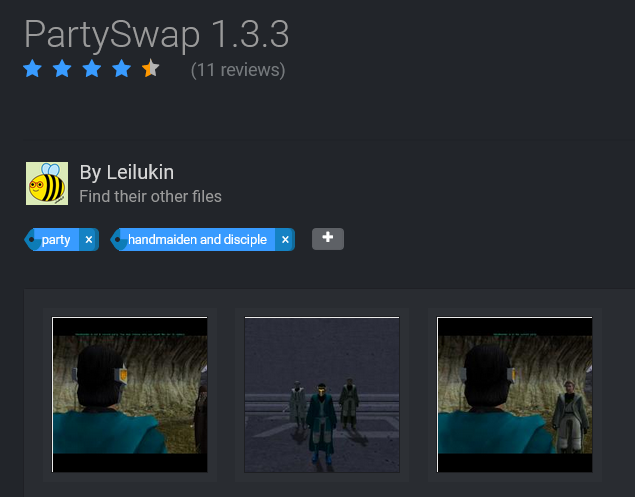 Screenshot of the PartySwap mod's download page, showing Leilukin as the owner